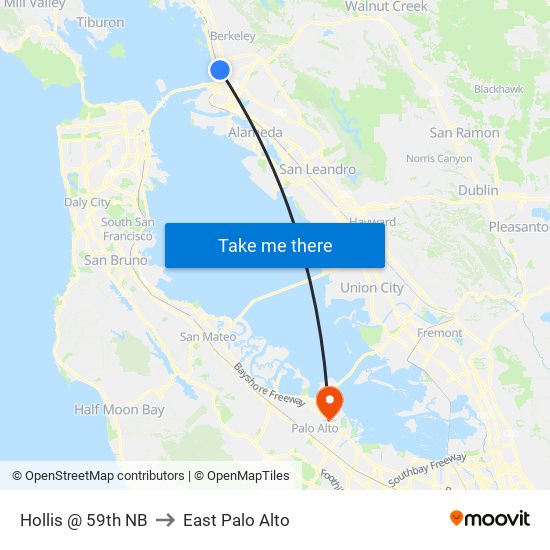 Hollis @ 59th NB to East Palo Alto map