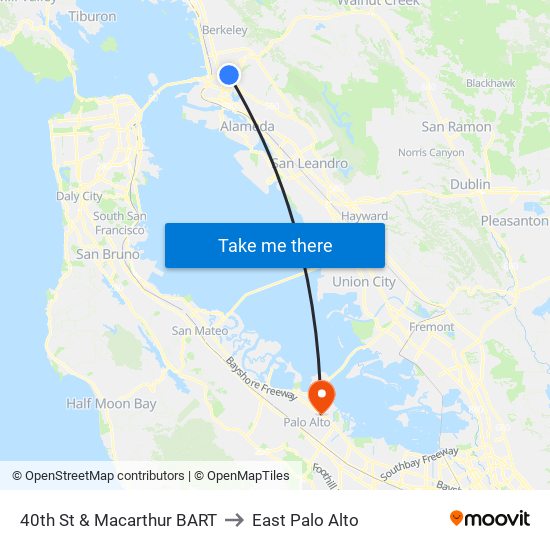 40th St & Macarthur BART to East Palo Alto map