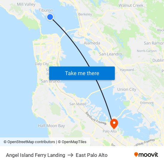 Angel Island Ferry Landing to East Palo Alto map