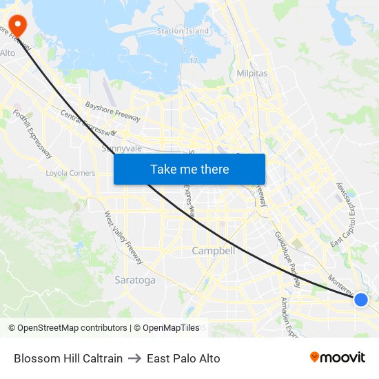 Blossom Hill Caltrain to East Palo Alto map