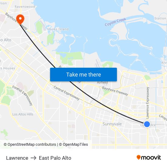 Lawrence to East Palo Alto map