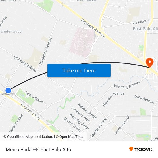 Menlo Park to East Palo Alto map