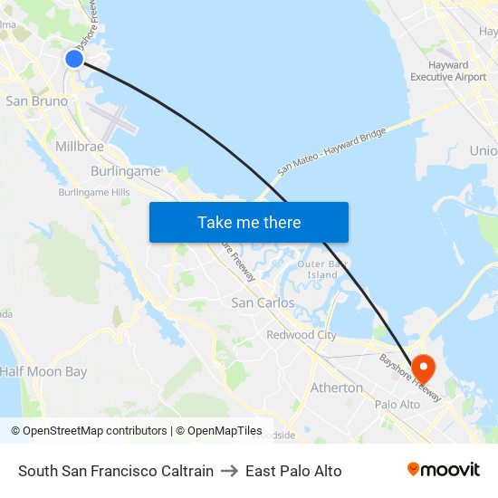 South San Francisco Caltrain to East Palo Alto map