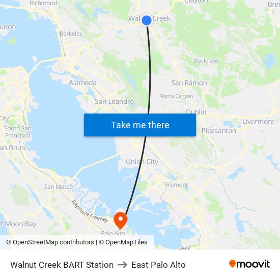 Walnut Creek BART Station to East Palo Alto map