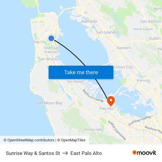 Sunrise Way & Santos St to East Palo Alto map