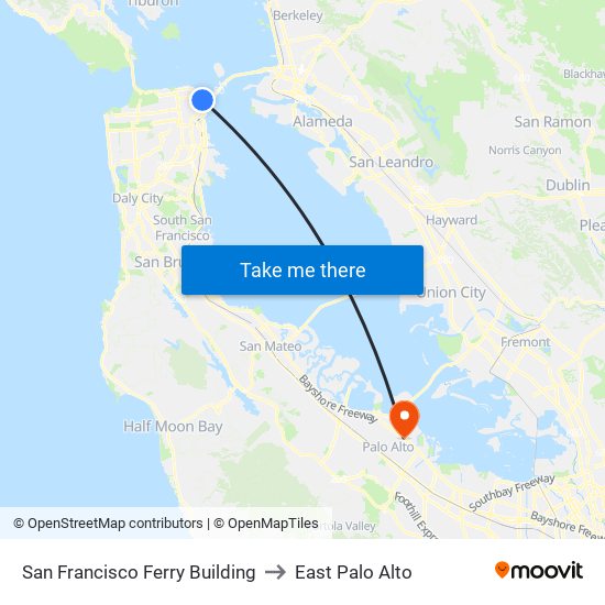 San Francisco Ferry Building to East Palo Alto map