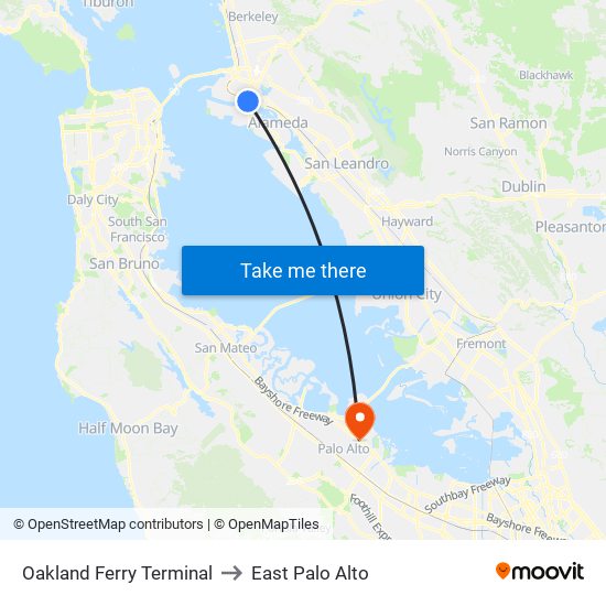 Oakland Ferry Terminal to East Palo Alto map