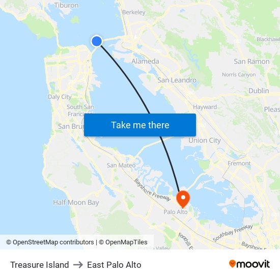 Treasure Island to East Palo Alto map