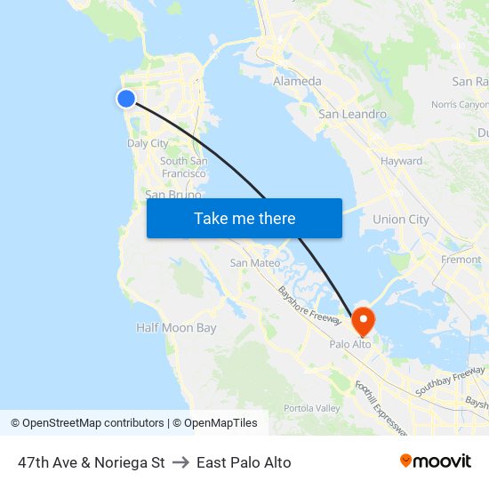 47th Ave & Noriega St to East Palo Alto map