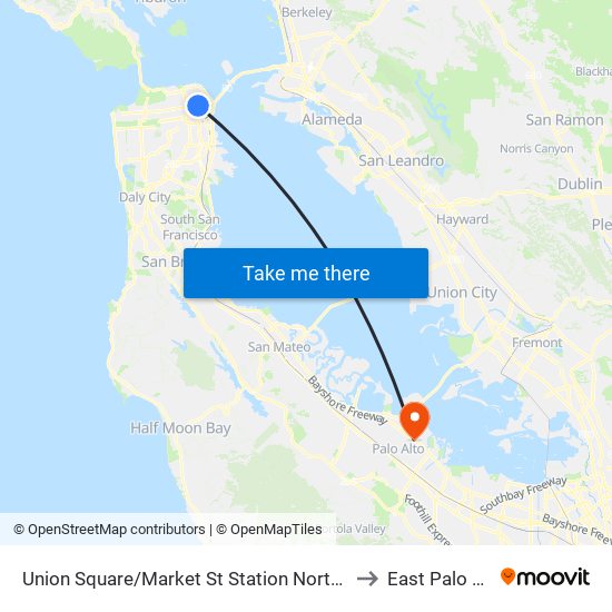 Union Square/Market St Station Northbound to East Palo Alto map