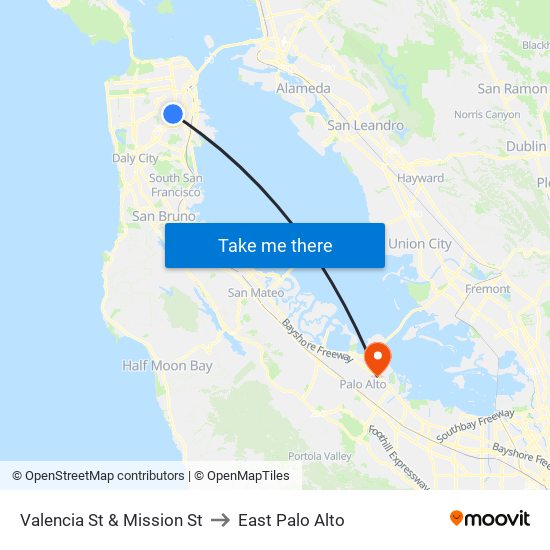 Valencia St & Mission St to East Palo Alto map