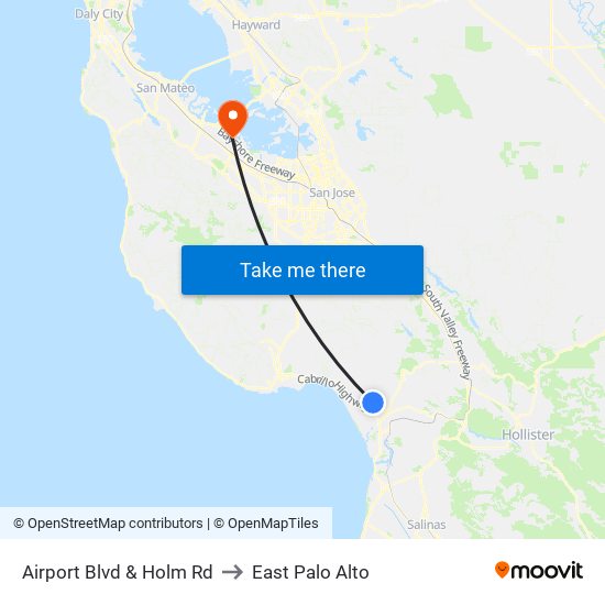 Airport Blvd & Holm Rd to East Palo Alto map