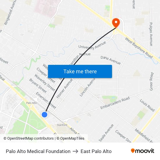 Palo Alto Medical Foundation to East Palo Alto map