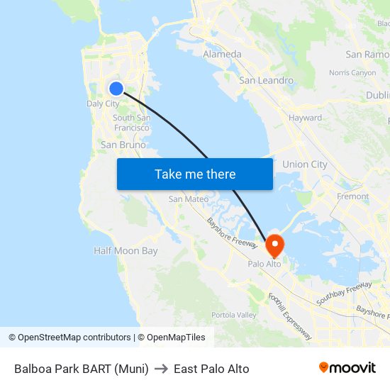 Balboa Park BART (Muni) to East Palo Alto map