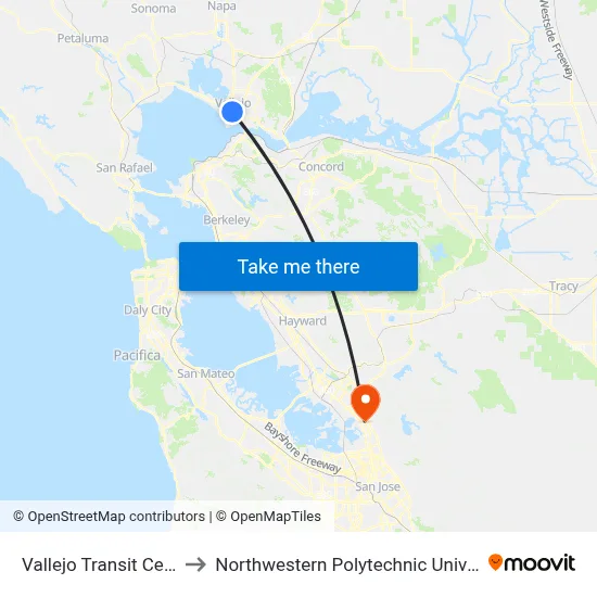 Vallejo Transit Center to Northwestern Polytechnic University map