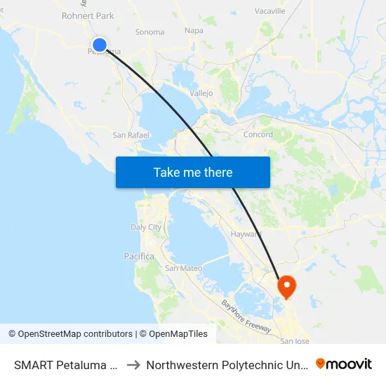 SMART Petaluma North to Northwestern Polytechnic University map