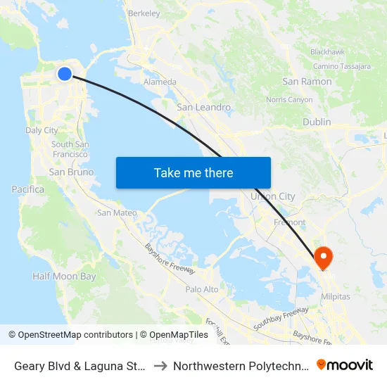 Geary Blvd & Laguna St/Japantown to Northwestern Polytechnic University map