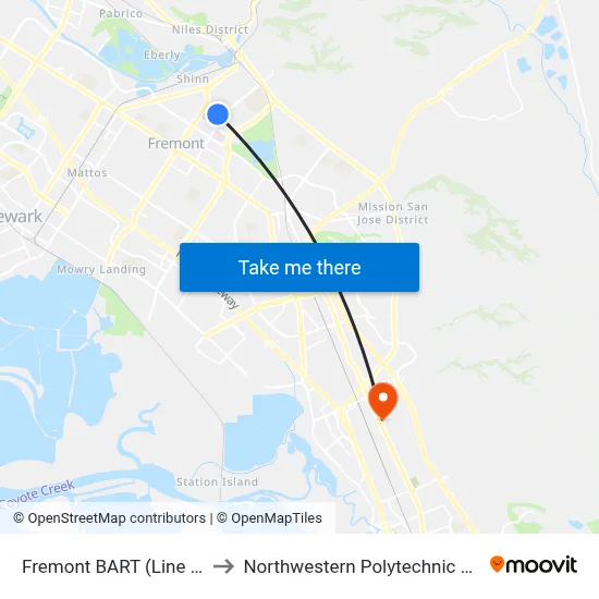 Fremont BART (Line U Stop) to Northwestern Polytechnic University map