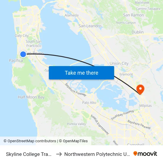 Skyline College Transit Ctr to Northwestern Polytechnic University map