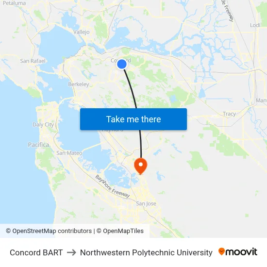 Concord BART to Northwestern Polytechnic University map