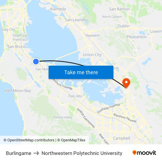 Burlingame to Northwestern Polytechnic University map