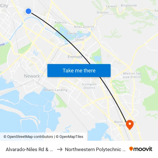 Alvarado-Niles Rd & Dowe St to Northwestern Polytechnic University map