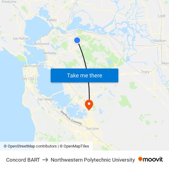 Concord BART to Northwestern Polytechnic University map