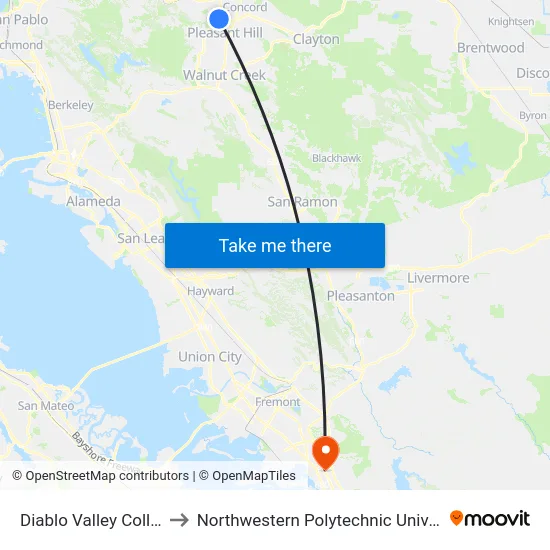 Diablo Valley College to Northwestern Polytechnic University map