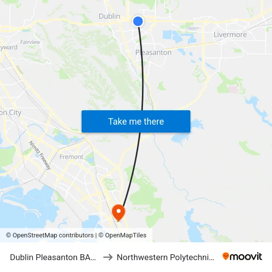Dublin Pleasanton BART Station to Northwestern Polytechnic University map