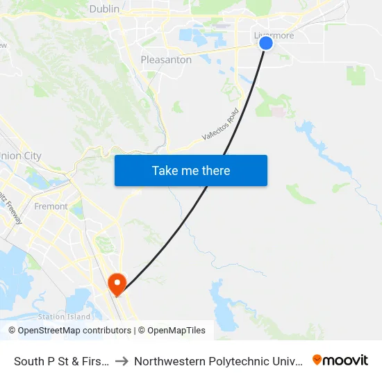 South P St & First St to Northwestern Polytechnic University map