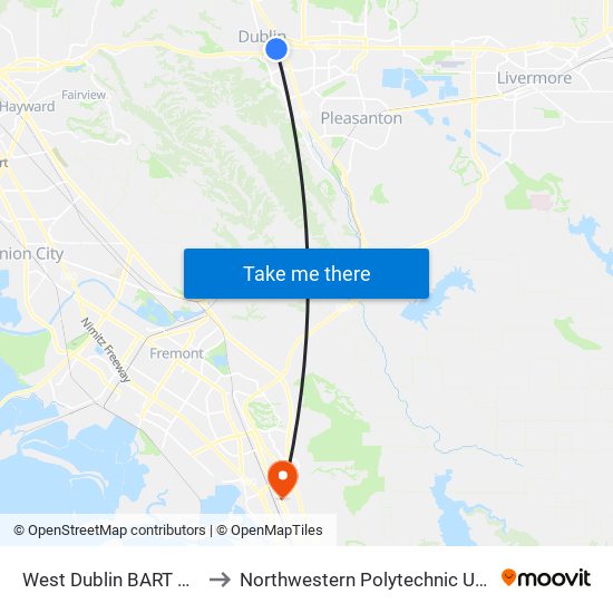 West Dublin BART Station to Northwestern Polytechnic University map