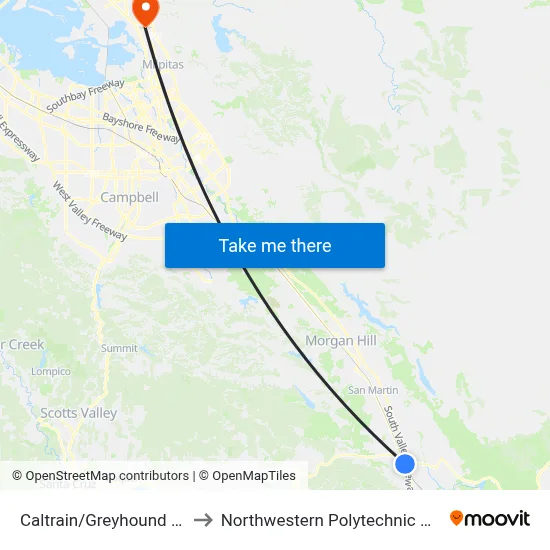 Caltrain/Greyhound Station to Northwestern Polytechnic University map