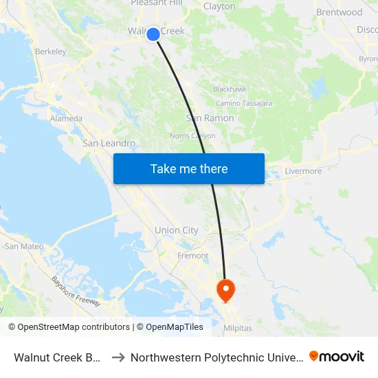 Walnut Creek BART to Northwestern Polytechnic University map