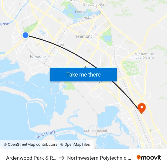 Ardenwood Park & Ride Lot to Northwestern Polytechnic University map
