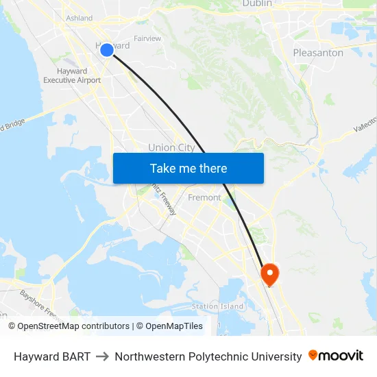 Hayward BART to Northwestern Polytechnic University map