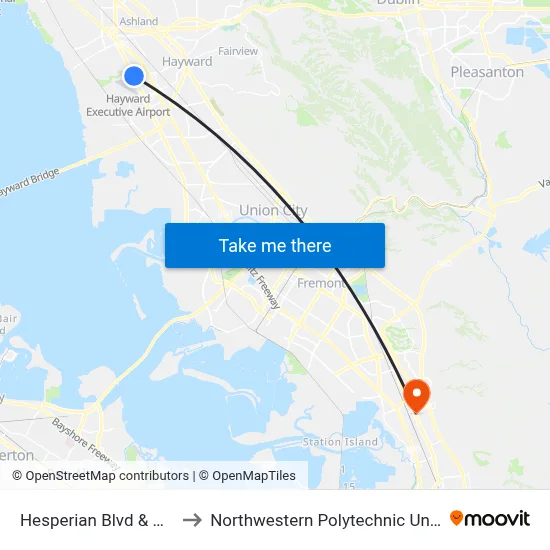 Hesperian Blvd & W A St to Northwestern Polytechnic University map