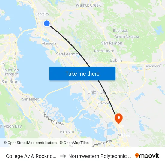College Av & Rockridge BART to Northwestern Polytechnic University map