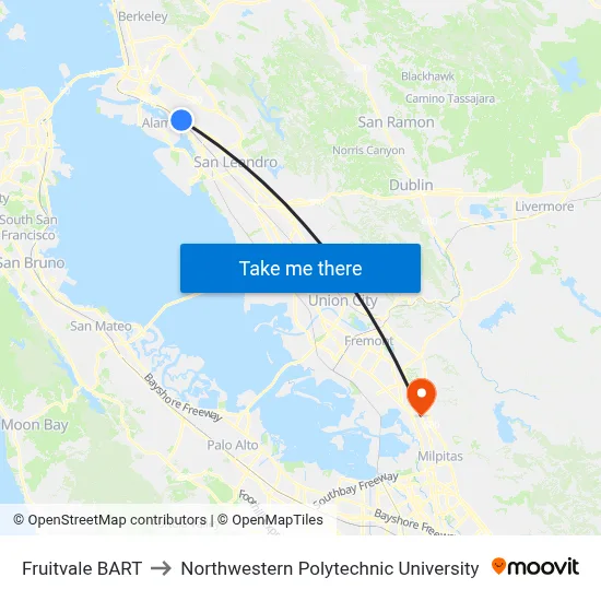 Fruitvale BART to Northwestern Polytechnic University map