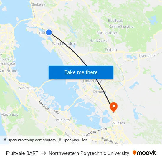Fruitvale BART to Northwestern Polytechnic University map