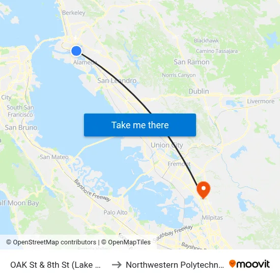 OAK St & 8th St (Lake Merritt BART) to Northwestern Polytechnic University map