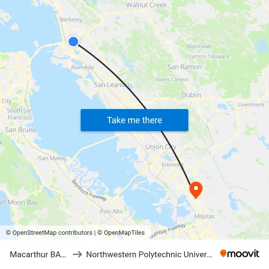 Macarthur BART to Northwestern Polytechnic University map