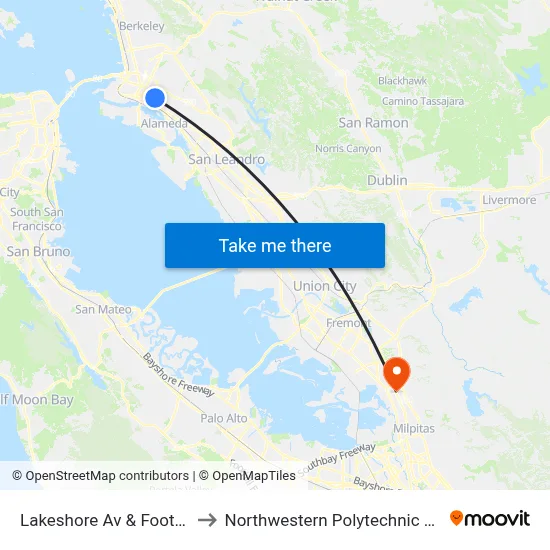 Lakeshore Av & Foothill Blvd to Northwestern Polytechnic University map
