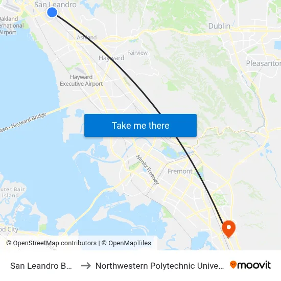 San Leandro BART to Northwestern Polytechnic University map