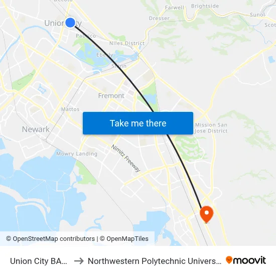 Union City BART to Northwestern Polytechnic University map