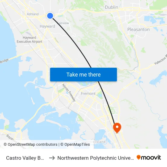 Castro Valley BART to Northwestern Polytechnic University map