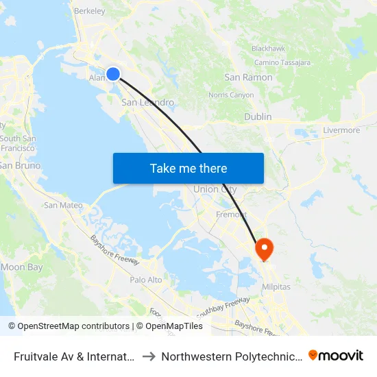 Fruitvale Av & International Blvd to Northwestern Polytechnic University map