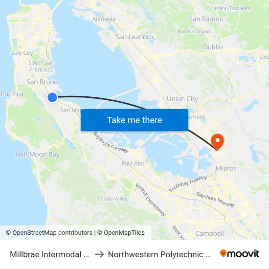 Millbrae Intermodal Station to Northwestern Polytechnic University map