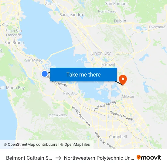 Belmont Caltrain Station to Northwestern Polytechnic University map