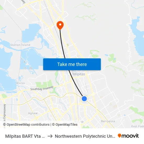 Milpitas BART Vta Bay 9 to Northwestern Polytechnic University map