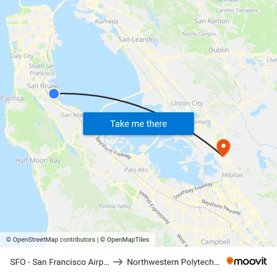 SFO - San Francisco Airport Domestic to Northwestern Polytechnic University map